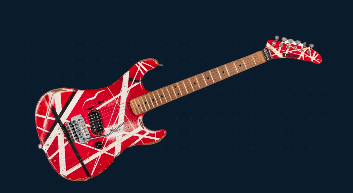 Red EVH electric guitar with white stripes on black background