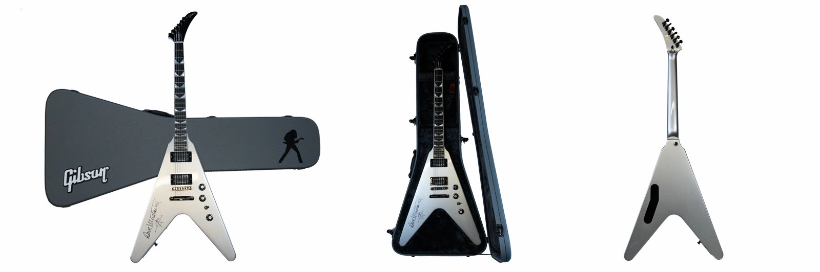 Flying V guitar with white finish on dark textured background