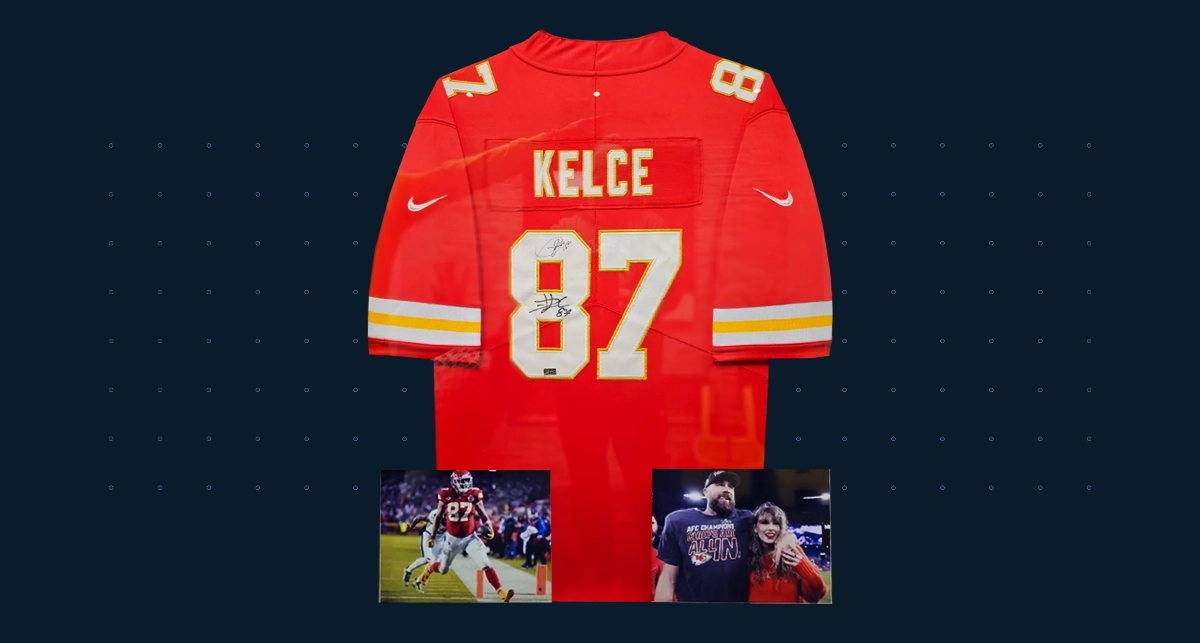 Travis Kelce and Taylor Swift in celebrity-themed collage.
