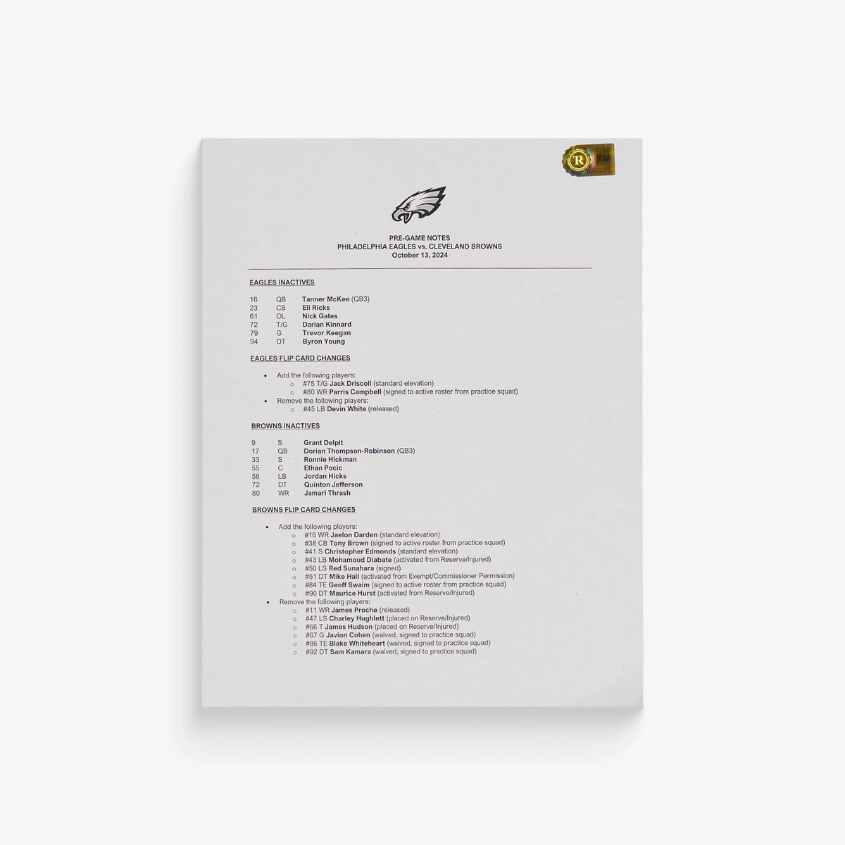 Game-Used Press Box Pregame Notes - Philadelphia Eagles vs. Cleveland ...